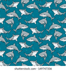 Print with cartoon sharks. Vector seamless pattern. 