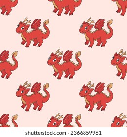 Print in cartoon style with Chinese dragon. Seamless pattern on beige background with fantasy animals. Vector oriental illustration with fairytale character. New year symbol. Asian wallpaper