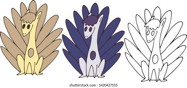 Print cartoon tail monster doodle color set hand draw happy funny