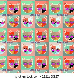 Print with cat faces on colored squares. Cats for printing on fabric.