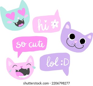 Print with cat had and bubble speech. Print for t-shirt, stationary, textile, fabric and other design.
