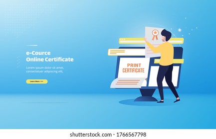 Print certificate e-course, illustration for online education concept