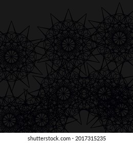 Print Chaotic Night Folk Darkness Textile Mandala Illustration. Messy Pattern Backdrop Stars Lace Grey Shapes Black Background. Mystery Vintage Ornamental Dark Calm Network Luxury Gray Pattern.