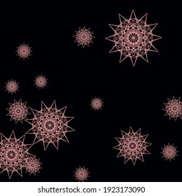 Print Chaotic Winter Mystery Winter Pattern. Colorful Cold Christmas Snowflakes Stars Background. New Year Dark Black Girl Folk Sky Background. PinkMandala Gothic Sharp Snowflakes Composition.
