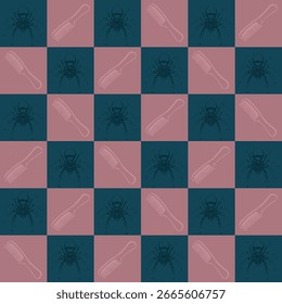 Print Checkerboard pattern with alternating dark blue and mauve squares. Features black spiders and light pink combs—bold, surreal design ideal for playful or edgy visual themes.
