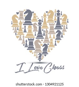 Print with chess pieces of heart. Design I love chess.