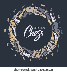 Print with chess pieces of wreath. Design lets play chess.