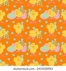 print with chickens and flowers on an orange background