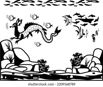 Print for children underwater vector icon design, wildlife seabed scenery symbol, Tropical Sea Under Water Surface stock illustration, Treasure Box and Cave in Deep Sea Scene Concept