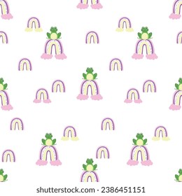 Print for children's clothing. Seamless pattern with frogs and rainbows on a white background. Vector illustration