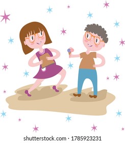 Print for children's textiles. A girl and a boy are talking to each other. A boy holds an ice cream in the river. The girl is holding books in her hand.