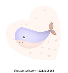 Print for a children's t-shirt with a whale. Vector Childish illustration of a whale on a white background.