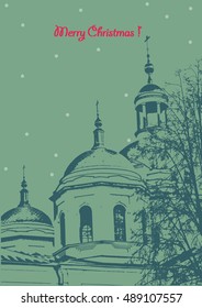 Print Christmas card booklet with silhouette of church on a background of snowy sky vector flat style