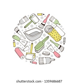 Print circle of paint rollers and brushes, pencils, 
wallpapers, brushes and glue container.