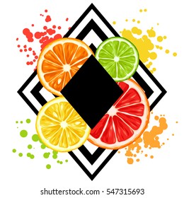 Print with citrus fruits slices. Mix of lemon lime grapefruit and orange.