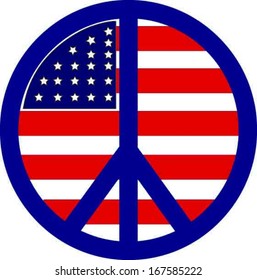 Print Classic Peace symbol from anti-Vietnam War movement. US flag overlaid with blue peace symbol