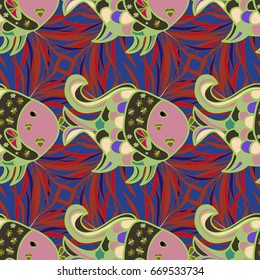 Print. Cloth design, wallpaper. Repeating background. Vector illustration. Seamless pattern with fish.