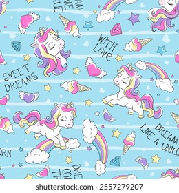 Print for clothes and fabric. Fashionable seamless pattern cute unicorn. Cartoon character. Rainbow. blue