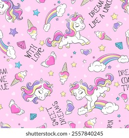 Print for clothes and fabric. Fashionable seamless pattern cute unicorn. Cartoon character. Rainbow.