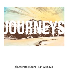 print for clothes, white lettering travel on landscape background with image of mountains and snow in rectangle, sketch vector graphics color illustration on white background