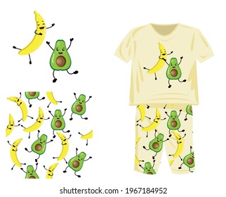 Print for clothing mockup banana and avocado. Seamless pattern with cute fruits avocado and banana. Pattern for fabric pattern for children. Vector illustration.