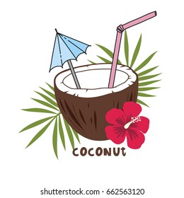 Print with coconuts and tropical leaves.