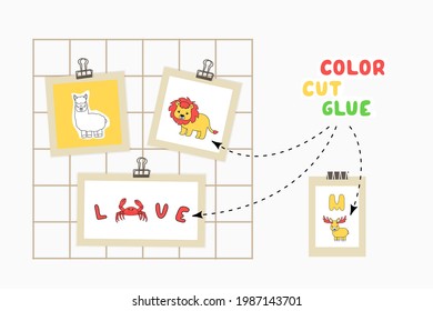 Print color cut glue paper game for children development. Cut Alphabet cards parts, color, glue on the paper. Vector illustration presentation of Love, crab, lion, alpaca, moose on mood board