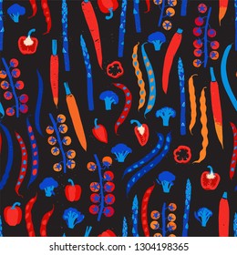 Print with colorful elements. Linocut style illustration with vegetables. Seamless pattern. Vegan Background.
