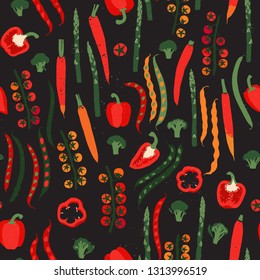 Print with colorful elements. Linocut style illustration with vegetables. Seamless pattern. Vegan Background.