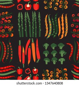 Print with colorful elements. Linocut style illustration with vegetables. Seamless pattern. Vegan Background.