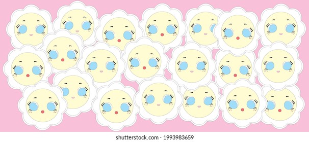 Print colorful flower face pattern design. Vector smile sweet modern summer illustration. Collection of cartoon simple shapes in modern style. wall decoration, postcard, brochure cover design sketch.