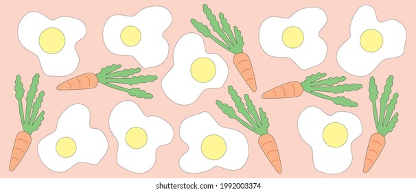 Print colorful food pattern design. Vector fried eggs, carrot heart summer illustration. Collection of cartoon hand drawn shapes, modern style. wall decoration, postcard, brochure cover design sketch.
