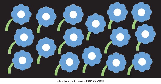 Print colorful nature pattern background. Vector blue flowers summer illustration. Collection of cartoon hand drawn shapes, modern style. wall decoration, postcard, brochure cover design sketch.