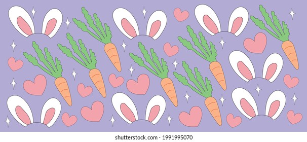 Print colorful nature pattern design. Vector bunny ear carrot heart summer illustration. Collection of cartoon hand drawn shapes, modern style. wall decoration, postcard, brochure cover design sketch.