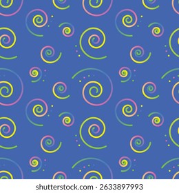 Print Colorful seamless swirl vector  pattern on deep blue background with playful pastel spirals and childlike curls for fun textile projects