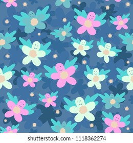 Print colorful smiling butterfly flowers with blue wings on blue background. Seamless vector pattern for textile, background, fabric, wrapping paper, backdrop.