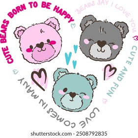 Print with colorful teddy bear’s heads. Cute print for t-shirts, stationery, kids, wear, and other designs.