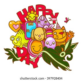 Print. Colorful vector illustration. Cute animals. Card. Kawai. Vector. Inscription. Happy day.