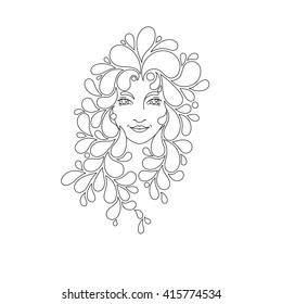 Print for the coloring book. Portrait of a beautiful girl with zentangle locks. Coloring page. Patterned hair. Vector illustration on white background.