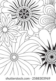 Print Coloring page for the adult coloring book. Doodle floral drawing. Art therapy coloring page. Black and white flower pattern for adult coloring books. Doodle floral drawing. Art therapy