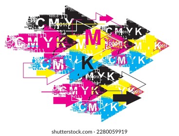 Print colors Arrows with binary codes, print data, grunge background. 
Expressive stylized arrows with binary codes and CMYK print colors. Vector available.