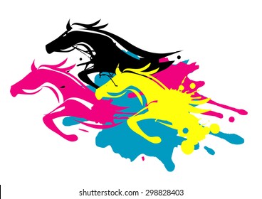 Print colors as running Horses. Three running horses as splatters in printing inks. Concept for presenting of color printing.. Vector available. 