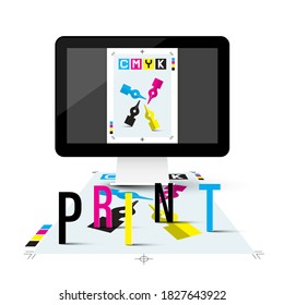 Print Concept with DTP Computer and CMYK Symbol on Screen