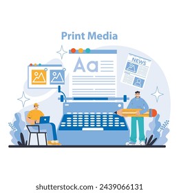 Print concept. Evolution of news dissemination through traditional publishing. Journalism and press industry dynamics. Editorial process visualization. Flat vector illustration.