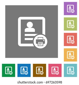 Print contact flat icons on simple color square backgrounds