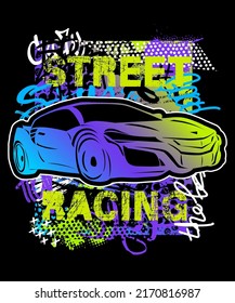 Print with cool sport car and graffiti words. Vector illustration for boy. t shirt extreme style design
