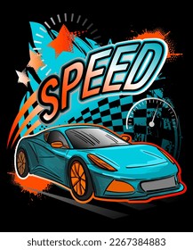 Print with cool sport car and graffiti words. Vector illustration for boy. t shirt extreme style design