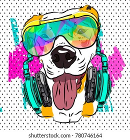 Print for a cool summer t-shirt with a bulldog in sunglasses. Vector illustration.