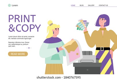 Print and copy service website interface template with cartoon characters of people working on modern polygraphy printing equipment, flat vector illustration.
