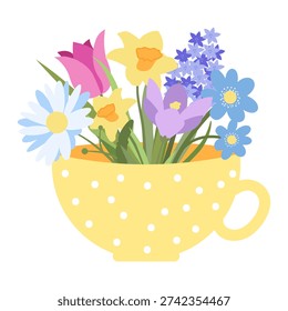 Print Cup with Spring Flowers in Flat Style. Design Arrangement of Daisies Crocuses Lilacs Hepatica Muscari in Pot with cute white Flowers. Simple Naive Floral Plant Composition. Print with Flowers. Vector